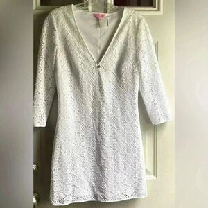 Lily Pulitzer white lace V-Neck 3/4  sleeve Mini dress Size Small fully lined